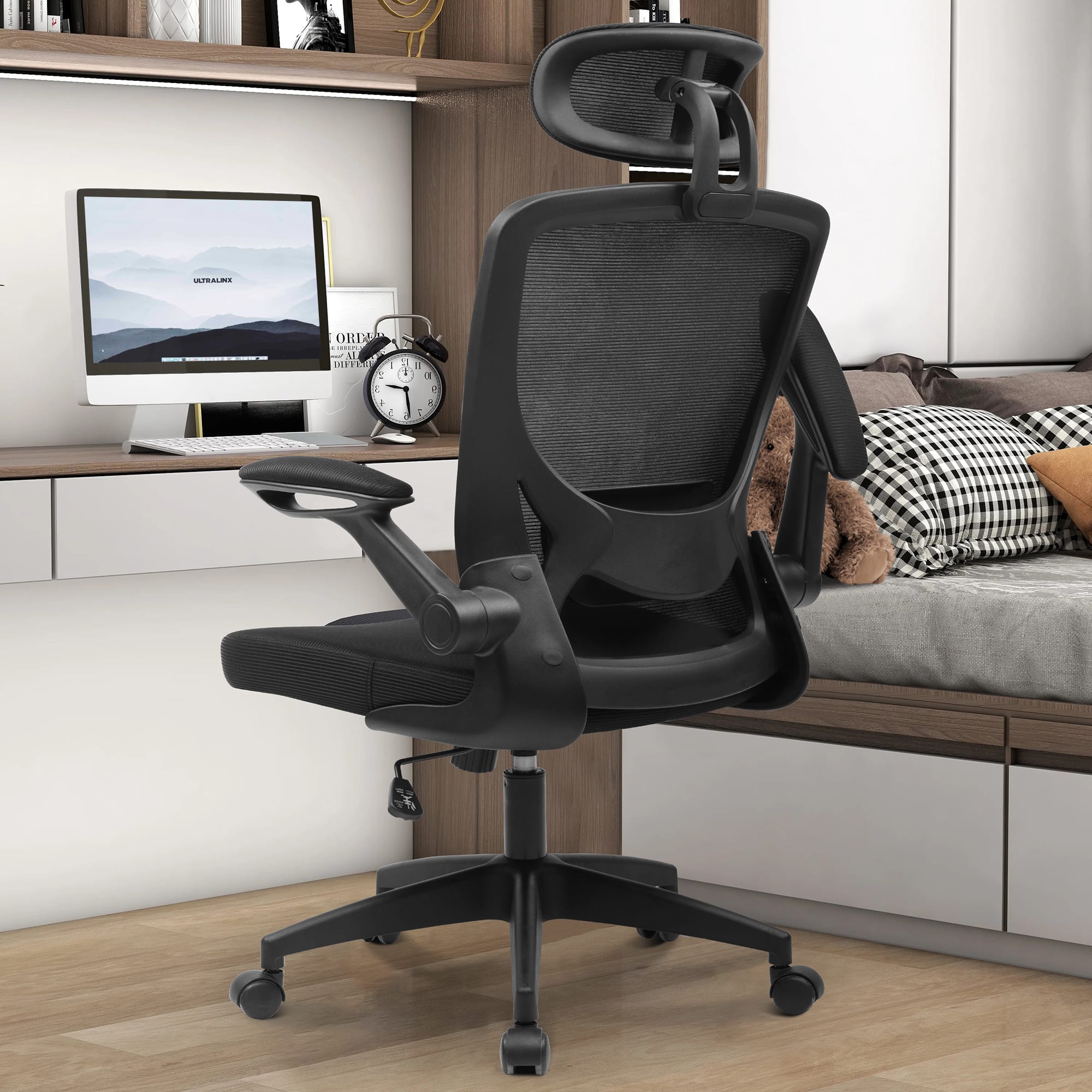 Brick Attic - Office Chair Ergonomic Desk Chair, Breathable Mesh Computer Chairs with Adjustable Lumbar Support and Flip-Up Arms - Black
