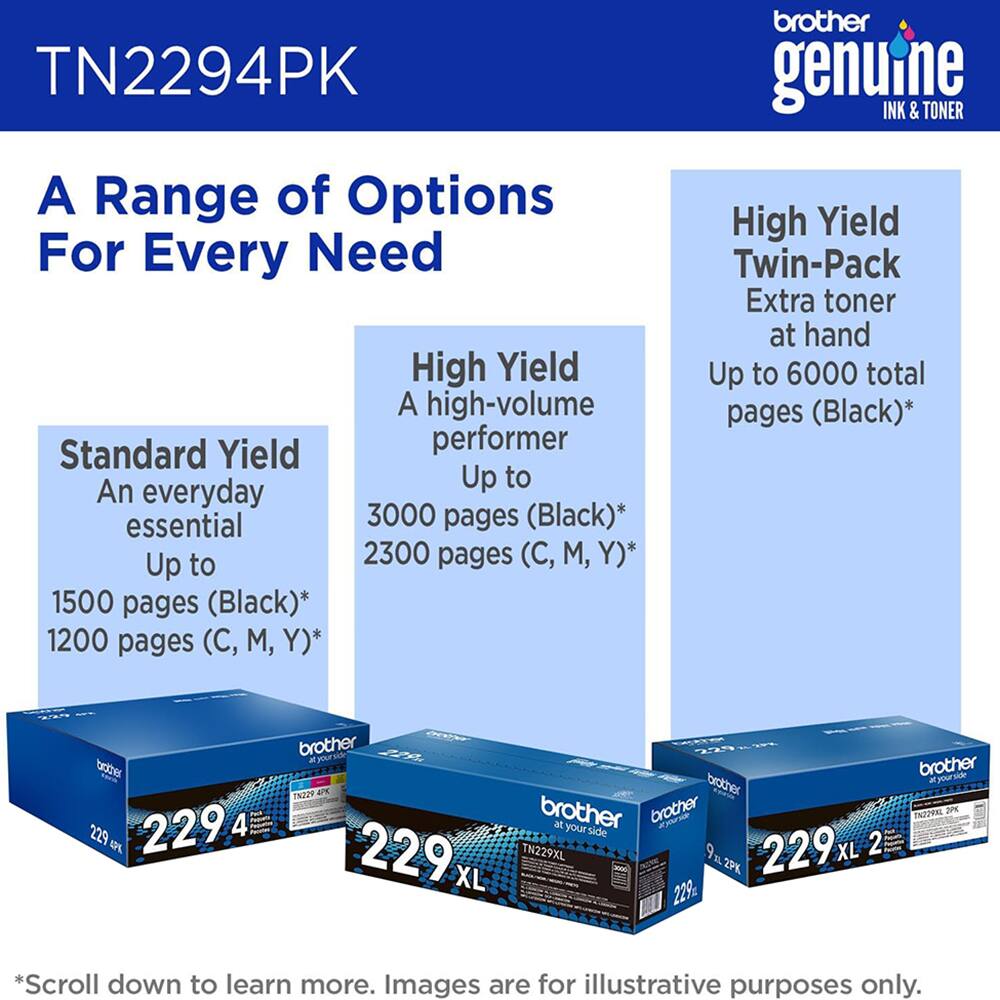TN2294PK  
A Range of Options For Every Need  

High Yield  
A high-volume Standard Yield performer  
Up to  
An everyday essential  
3000 pages (Black)* to 2300 pages (C, M, Y)*  
Up to 1500 pages (Black)* 1200 pages (C, M, Y)*  

brother genuine INK & TONER  

High Yield Twin-Pack  
Extra toner at hand  
Up to 6000 total pages (Black)*  

*Scroll down to learn more.  
Images are for illustrative purposes only.