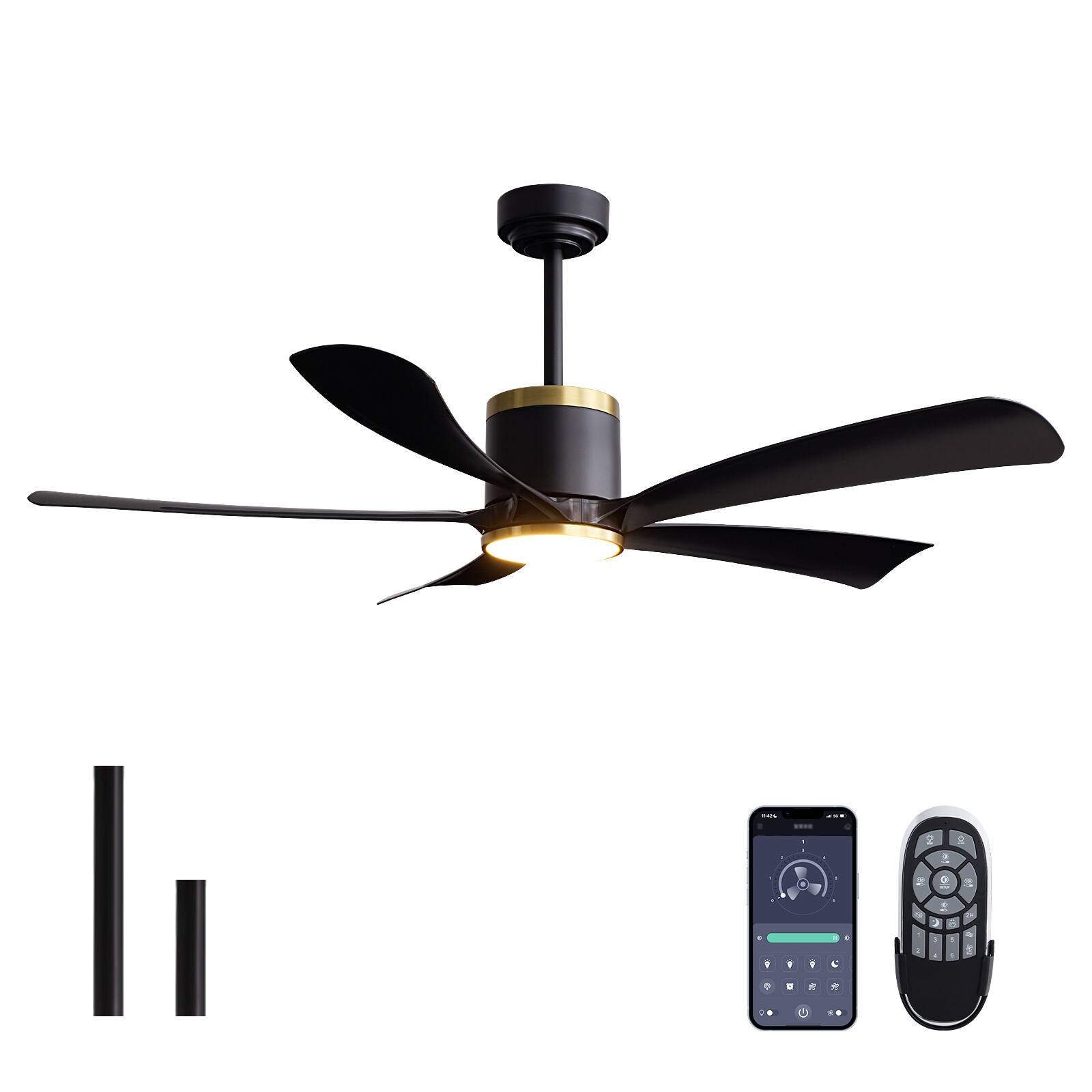 Angle. Siljoy - 52" Modern Indoor Ceiling Fan with LED Light, 5 Reversible Blades, 6-Speed DC Motor, Remote Control and Timer Function - Matte Black.