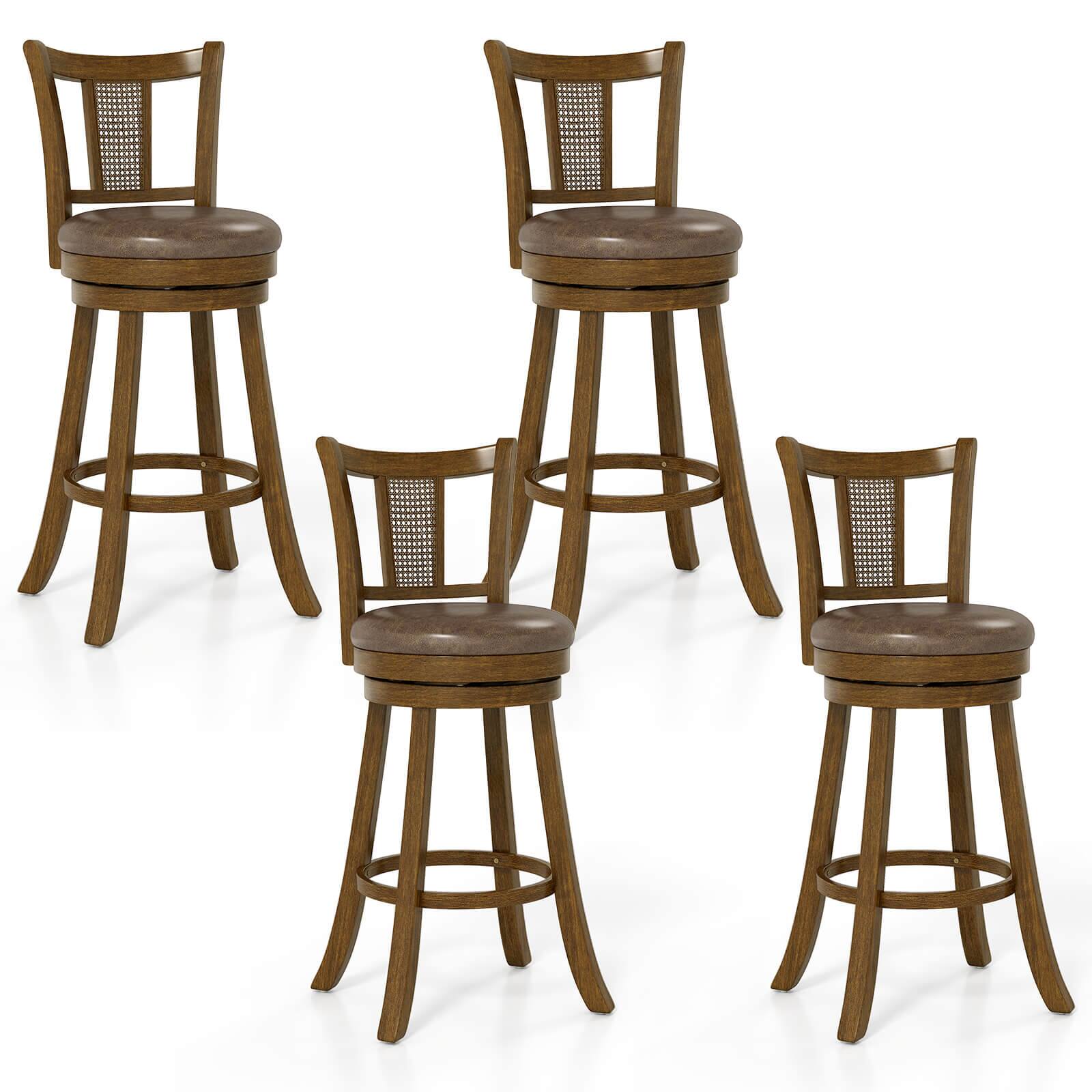 Front. Costway - Costway Set of 4 Bar Stools 30" Swivel Bar Chairs with PE Rattan Backrest & Footrest - Brown.