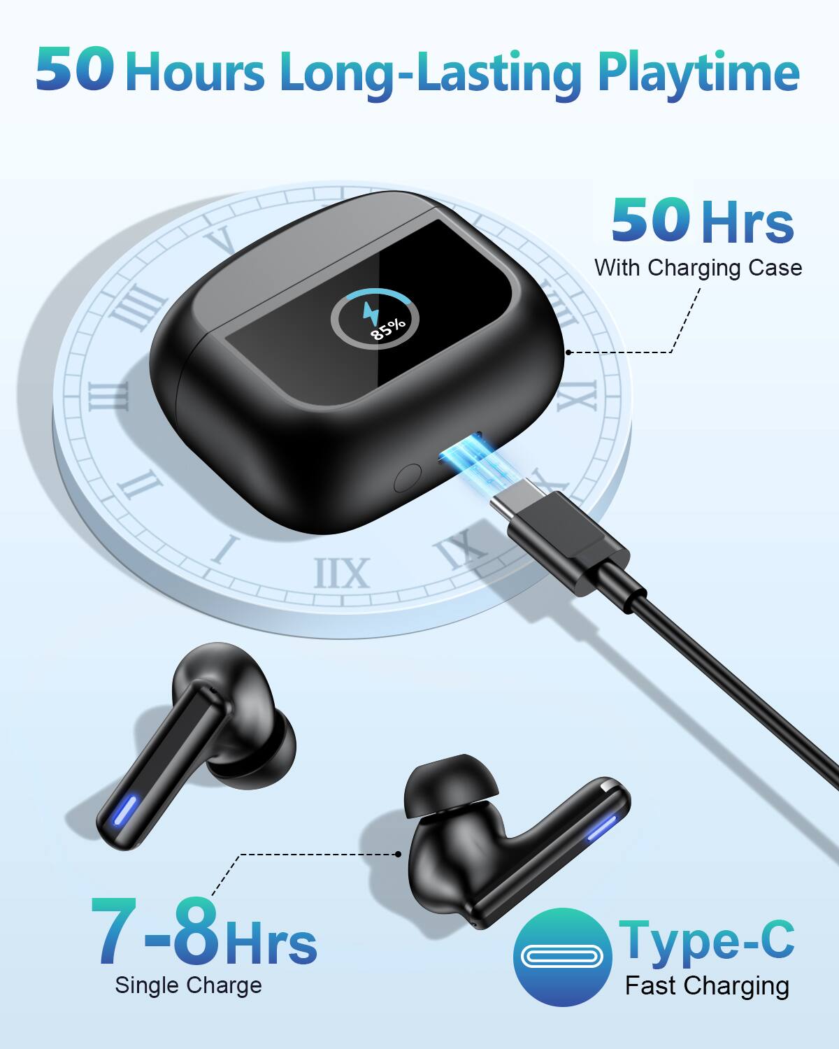 50 Hours Long-Lasting Playtime

50 Hrs  
With Charging Case

7-8 Hrs  
Single Charge

Type-C  
Fast Charging