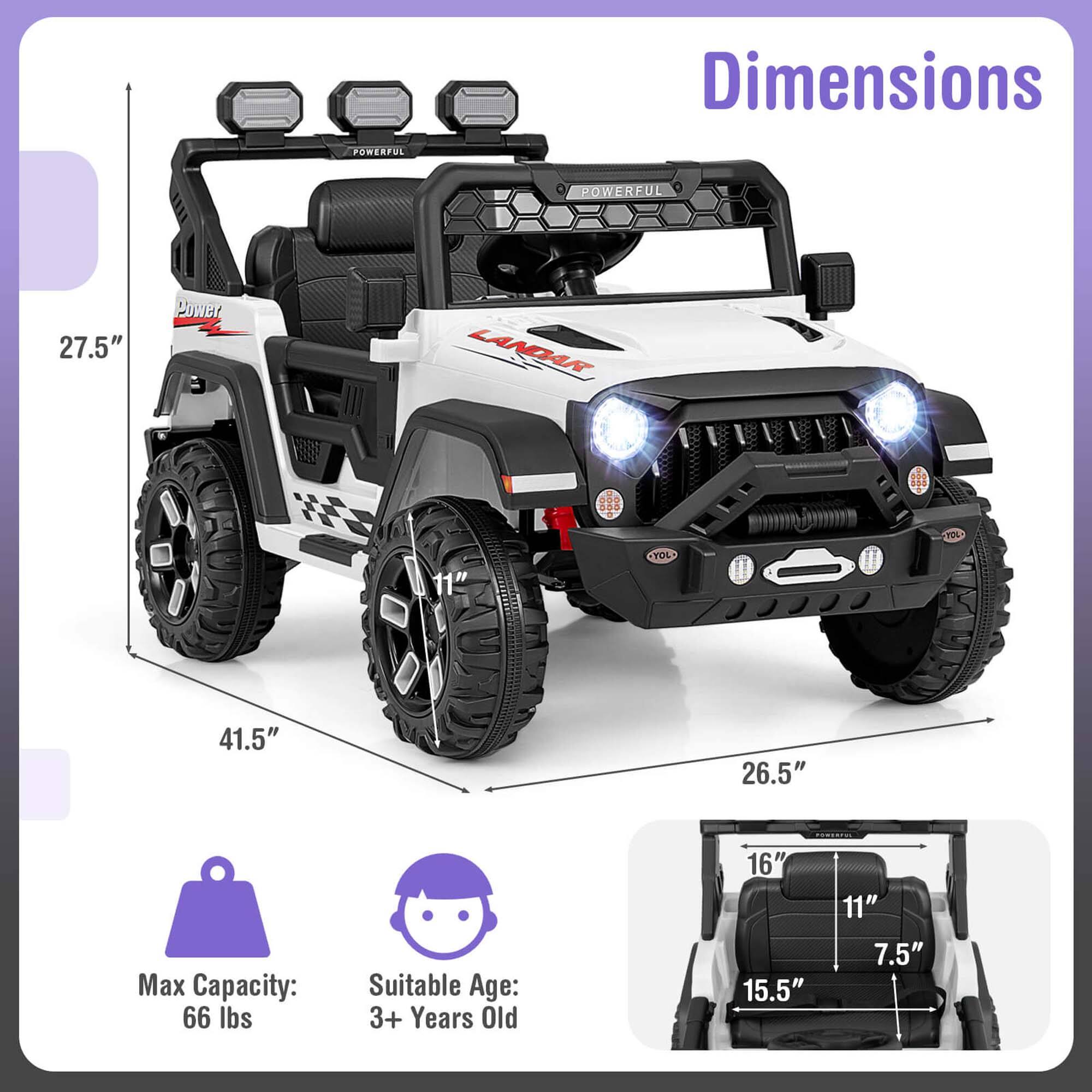 Dimensions  
- Length: 41.5"  
- Width: 26.5"  
- Height: 27.5"  
- Seat Height: 15.5"  
- Seat Width: 16"  
- Seat Depth: 11"  
- Seat Back Height: 7.5"  

Max Capacity: 66 lbs  
Suitable Age: 3+ Years Old