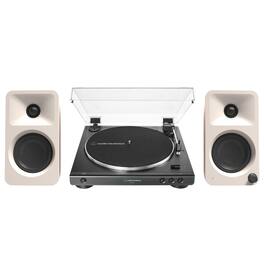 Kanto - ORAME 100W Powered Reference Desktop Computer Speakers with 60X-BK Fully Belt-Drive Turntable - Bundle - Cream