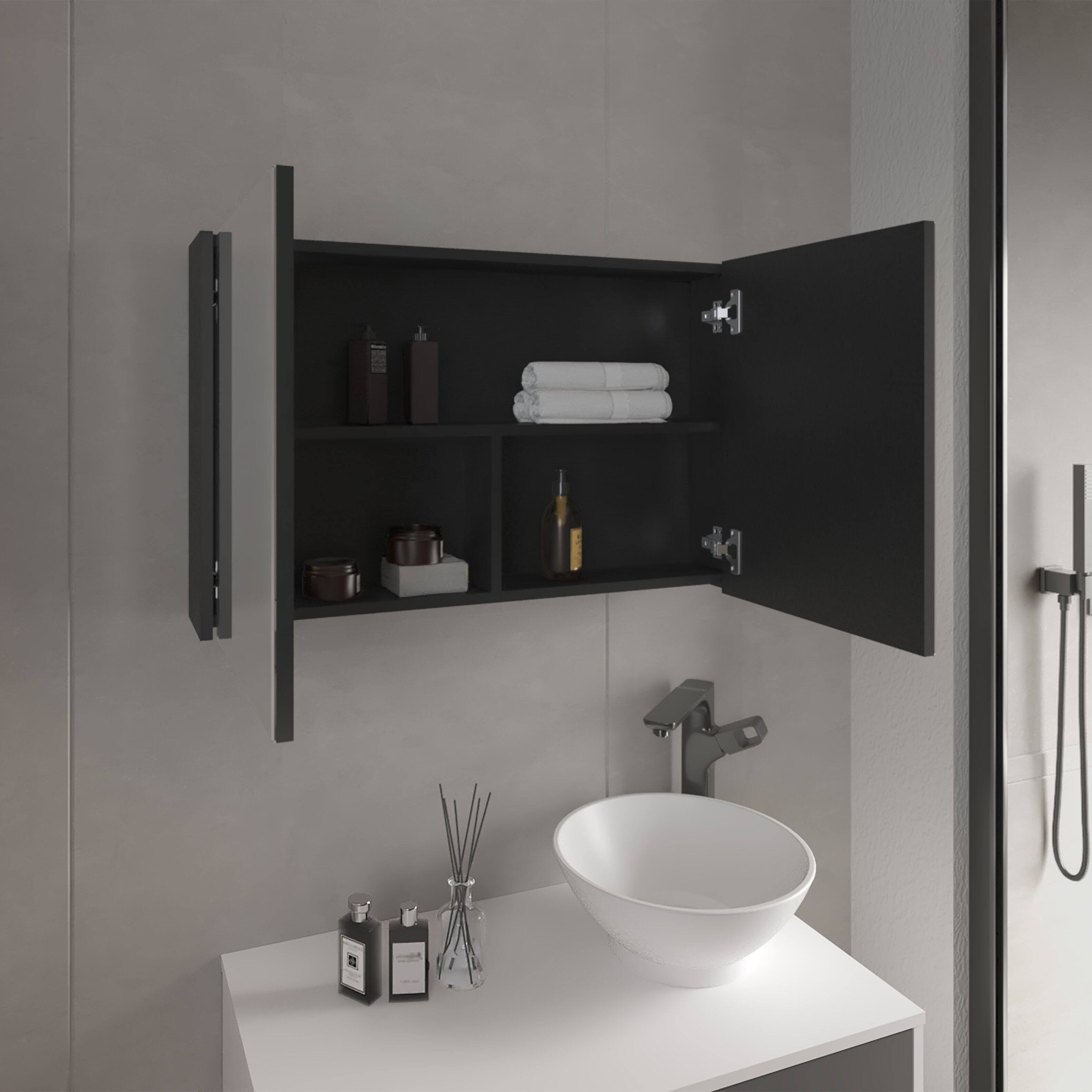 Left. TuHome - Bouti 19.7" H X 31.5" W Double Door Mirror Medicine Cabinet, Three Interior Shelves For Bathroom, Kitchen - Black Wengue.