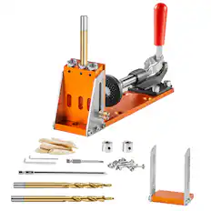 Front. VEVOR - 30 Pcs Pocket Hole Jig Kit, Adjustable & Easy to Use Pocket Hole Jig System with Step Drills, Drill Stop Rings, Wrenches - Orange.