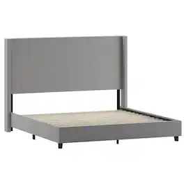 Flash Furniture - Quinn King Upholstered Platform Bed with Channel Stitched Wingback Headboard, Mattress Foundation with Slatted Supports, - Gray