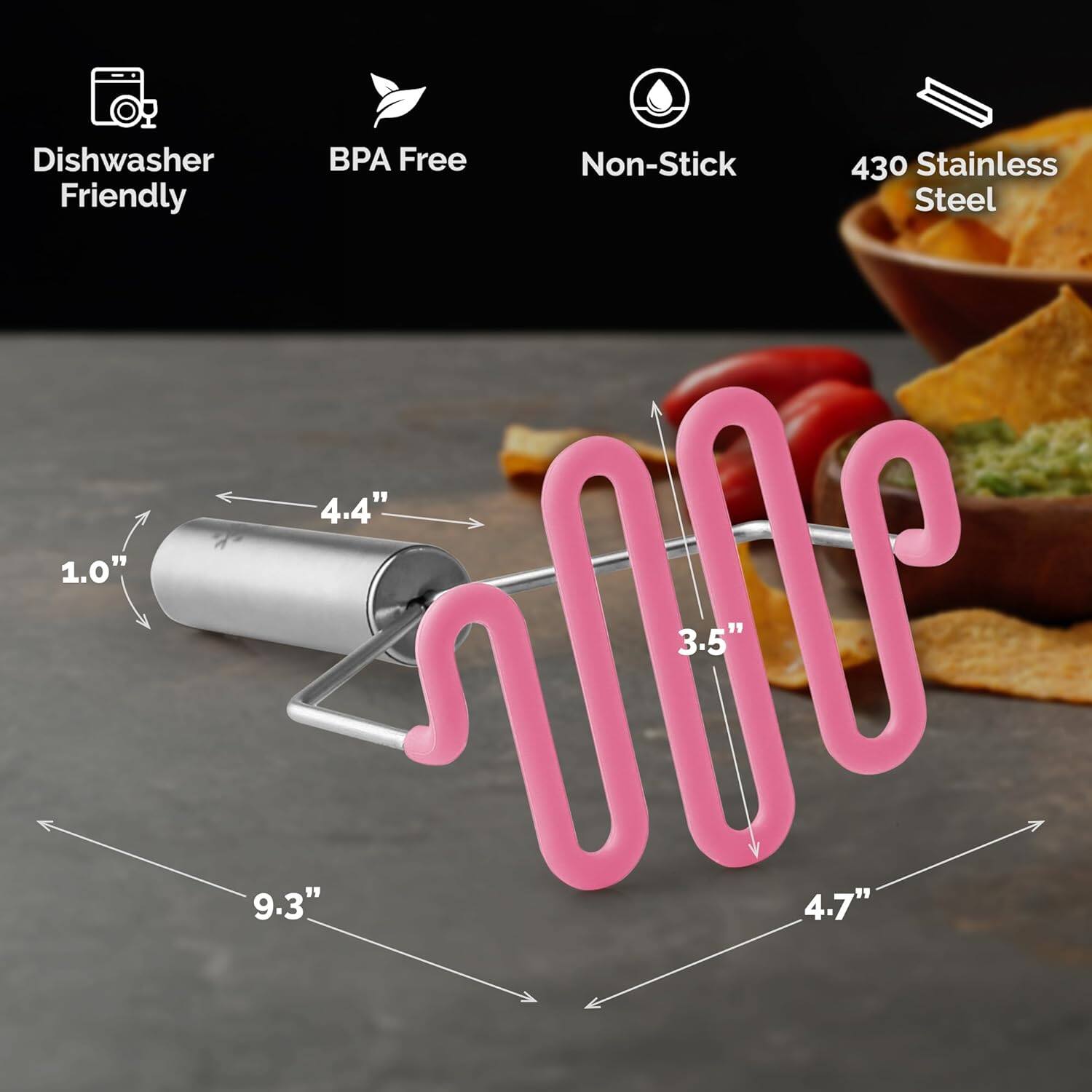 Dishwasher Friendly, BPA Free, Non-Stick, 430 Stainless Steel, 4.4", 1.0", 9.3", 3.5", 4.7"