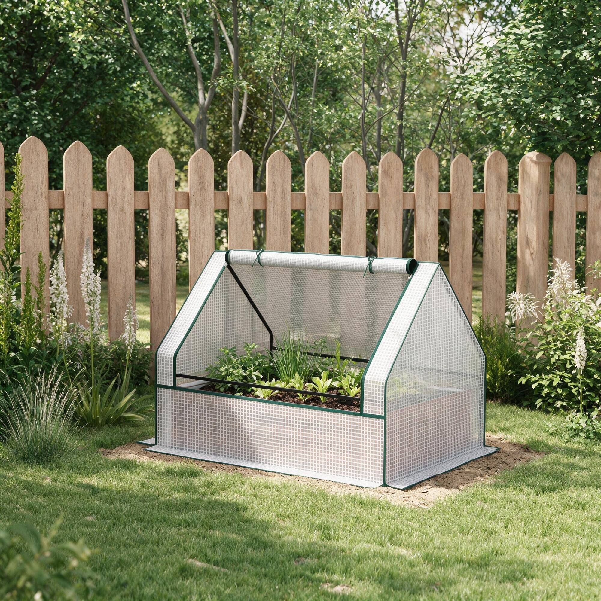 Left. RYHNUYNE - Outsunny Raised Garden Bed with Mini Greenhouse, Galvanized Steel Planter Box with White Cover for Vegetables - White.