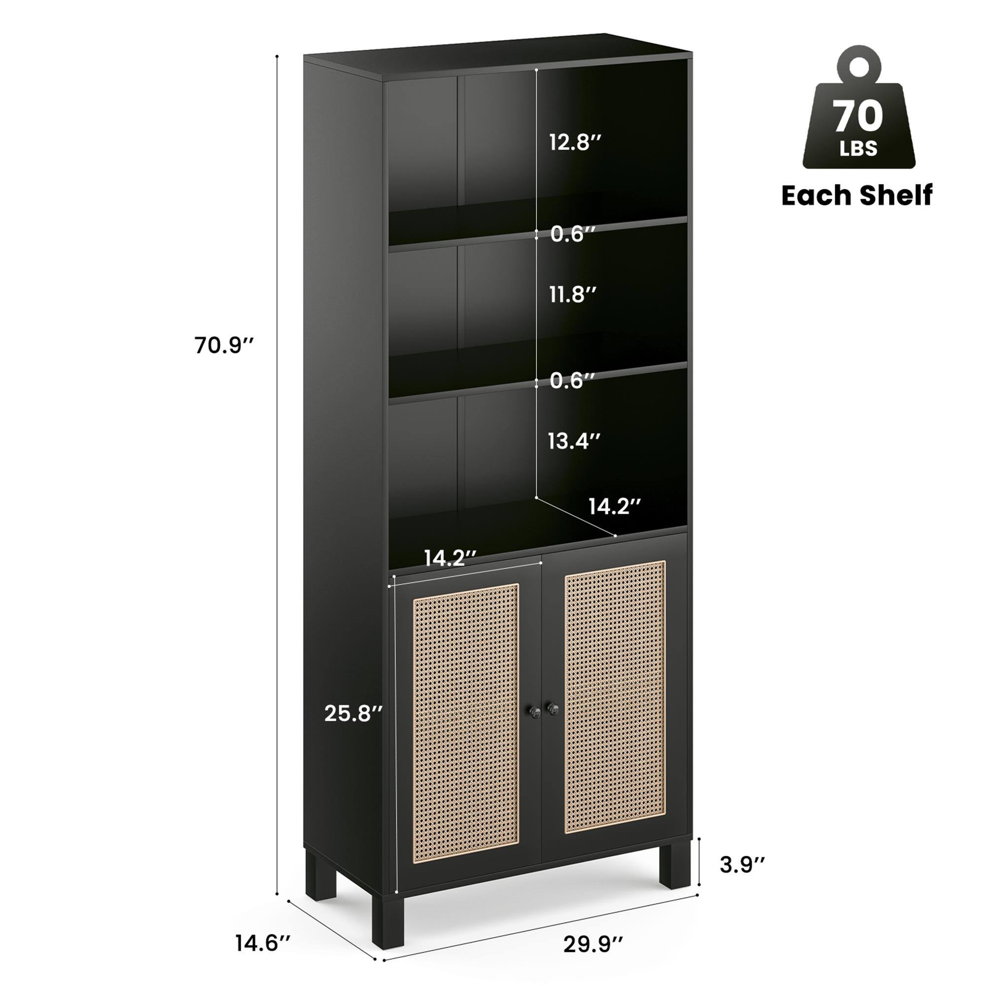 12.8"  
70 LBS  
0.6"  
Each Shelf  
11.8"  
70.9"  
0.6"  
13.4"  
14.2"  
14.2"  
25.8"  
3.9"  
14.6"  
29.9"
