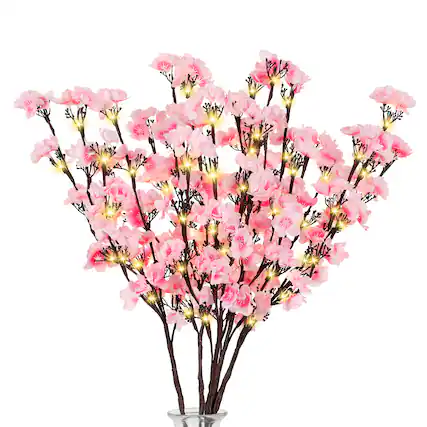 Front. Oumilen - 5 Pack Artificial Pink Plum Blossom Branch Lights, Battery Operated - Pink.