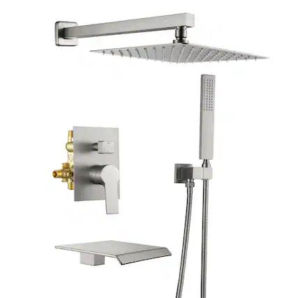 Front. Boyel Living - Brushed Nickel 10-Inch Rain Shower System Brass SUS304 3-Function Valve Waterfall Spout cUPC - Brushed Nickel.