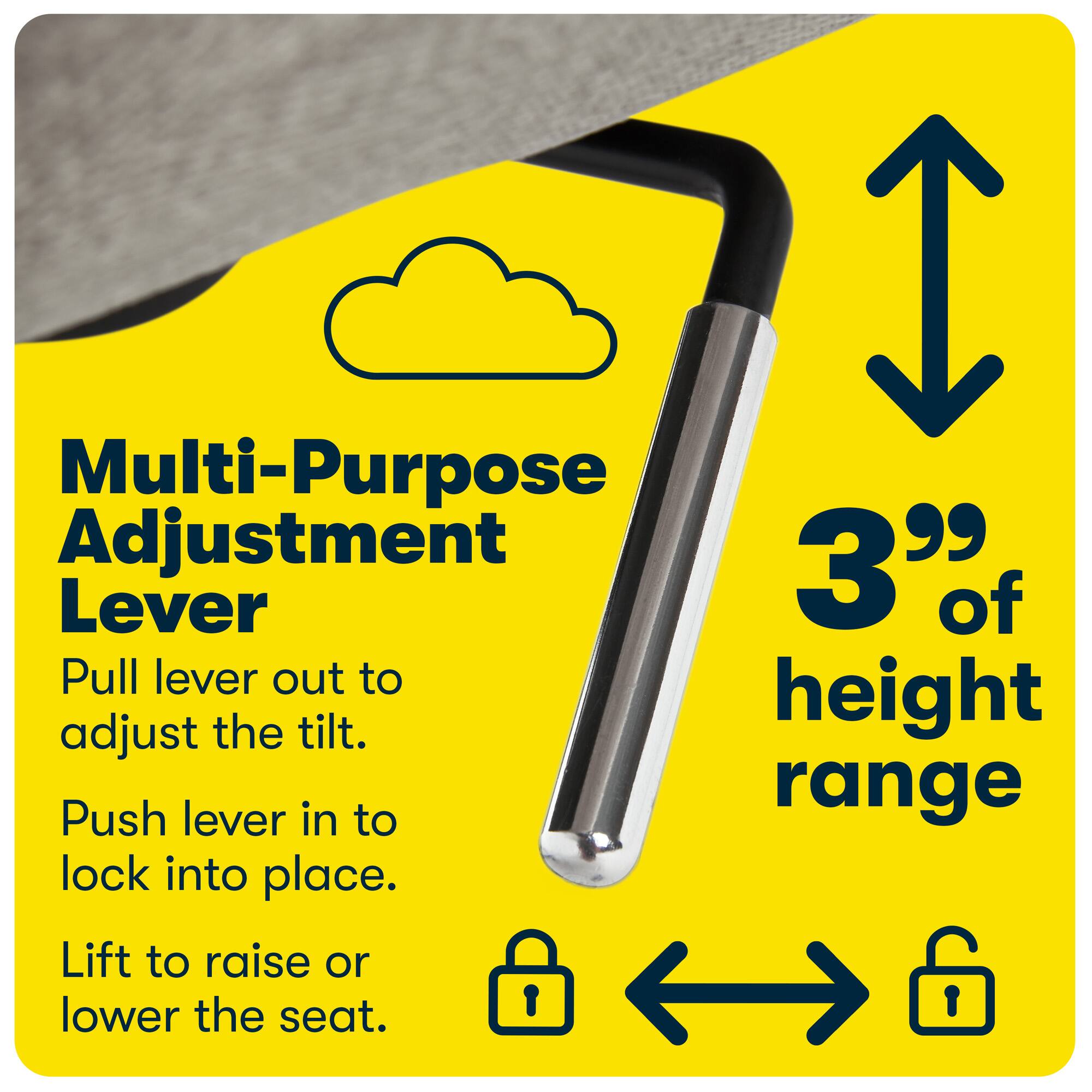 The image features a multi-purpose adjustment 3-lever pull-out mechanism that allows the user to adjust the tilt height of the seat. To adjust the tilt, the user can pull the lever out, and to lock the adjustment into place, they can push the lever in. Additionally, the user can lift the lever to either raise or lower the seat.