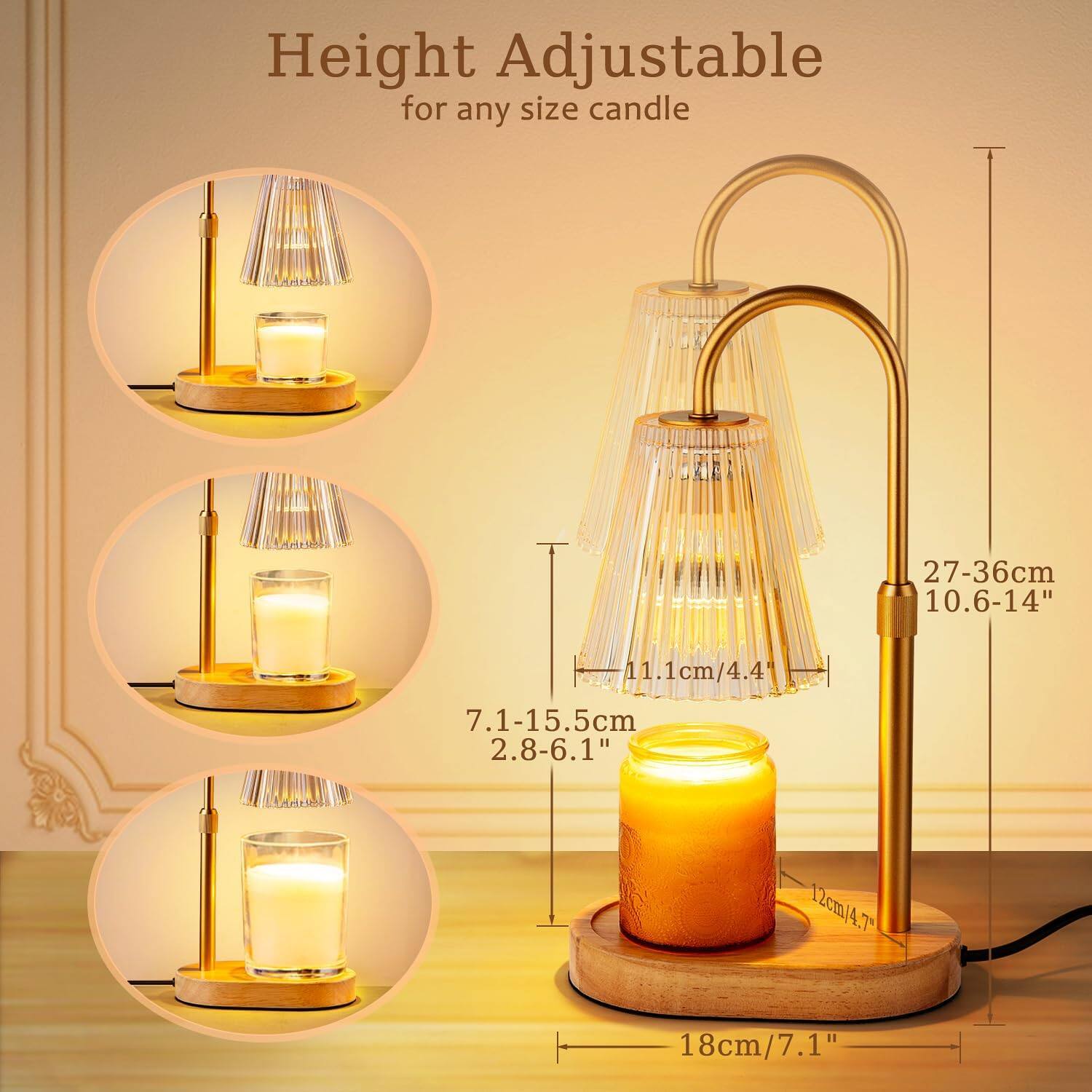 Height Adjustable for any size candle

7.1-15.5cm / 2.8-6.1"
11.1cm / 4.4"
27-36cm / 10.6-14"
12cm / 4.7"
18cm / 7.1"