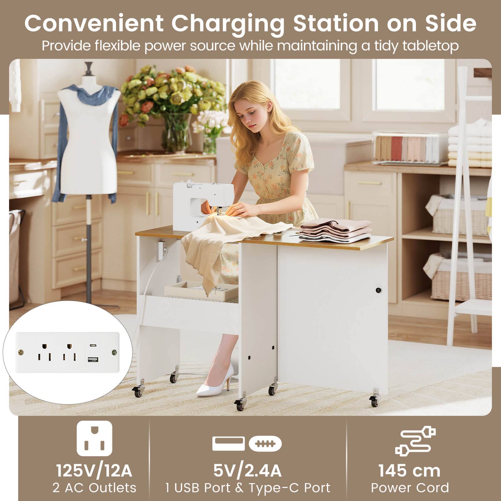 Convenient Charging Station on Side  
Provide flexible power source while maintaining a tidy tabletop  

125V/12A  
2 AC Outlets  

5V/2.4A  
1 USB Port & Type-C Port  

145 cm Power Cord