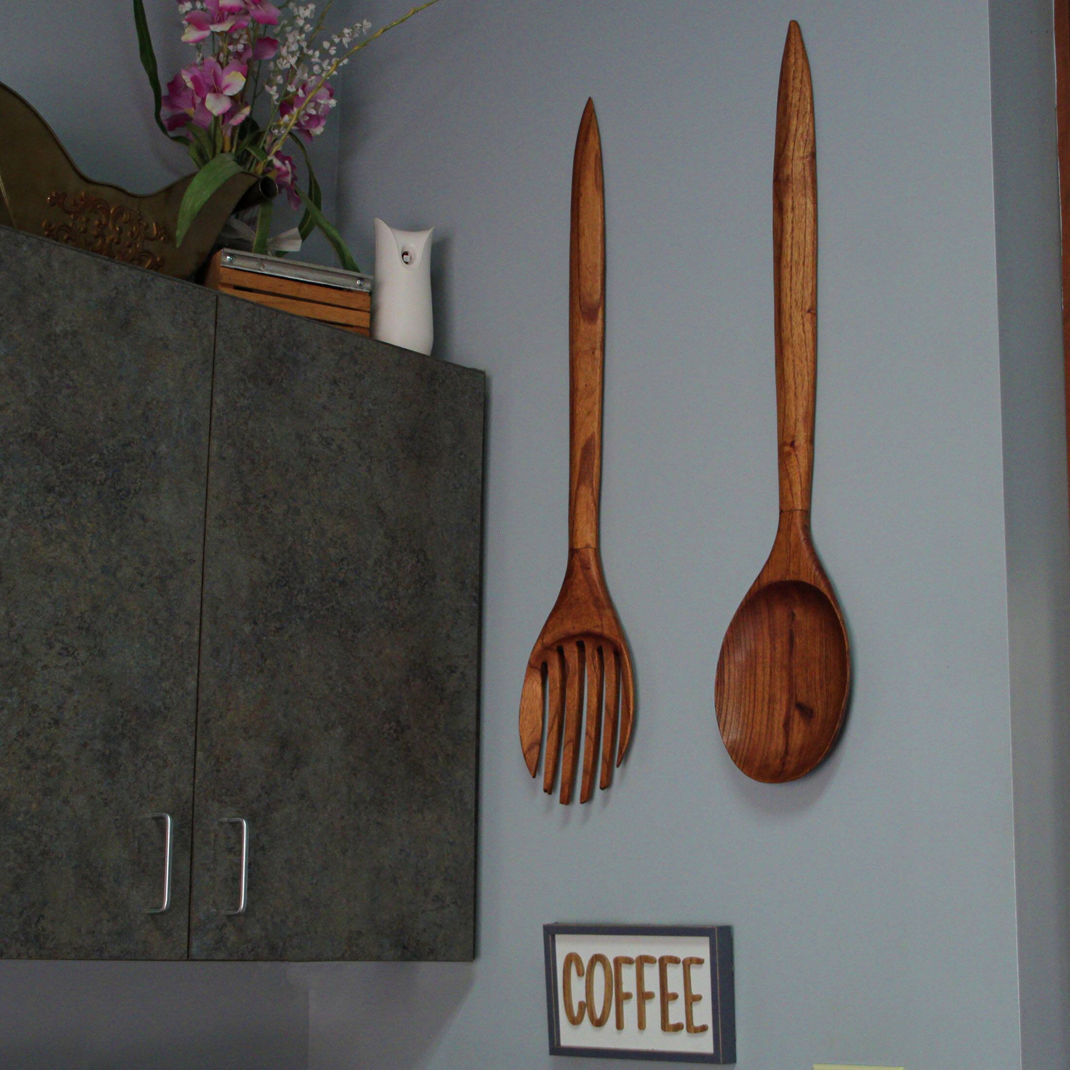 Alt View 3. Zeckos - Oversized Wooden Fork & Spoon Wall Decor - Rustic Minimalist Art, 35.5" High - Natural.