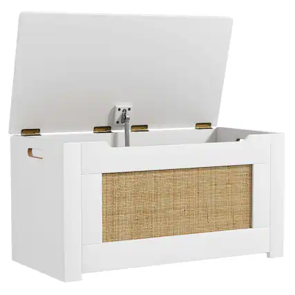 Front. Costway - Costway 31.5" Toy Chest for Kids Rattan Toy Storage Box with Flip Top Lid & Safety Hinge - White.