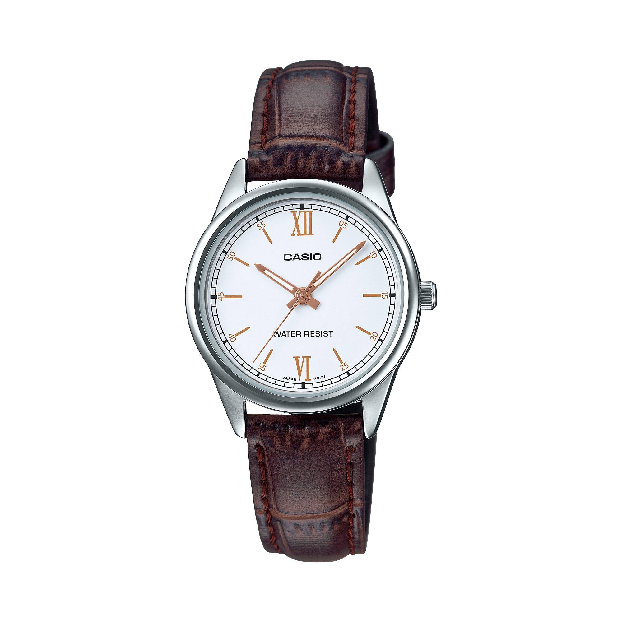Casio - Women’s Leather Watch with White Dial - LTP-V005L-7B3UDF - Brown