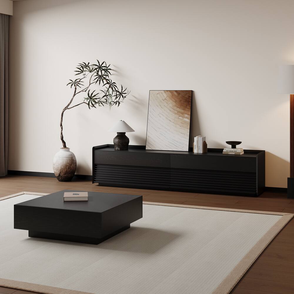 Left. POVISON - 79"Fully-Assembled Mid-Century TV Stand, Black Modern Cabinet with Adjustable Light, Perfect for 75-inch TVs - Black.