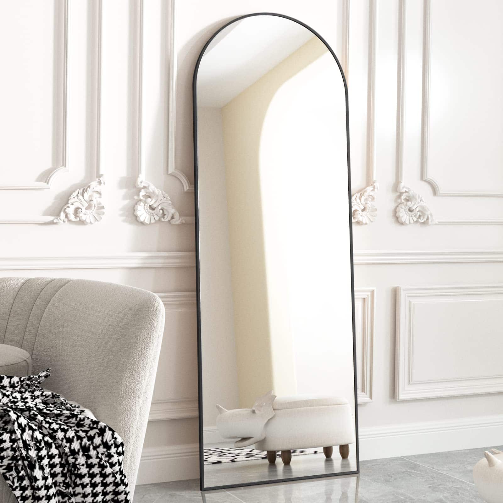 HOMLUX - Arched Full Length Floor Mirror Black Aluminum Frame Free Standing Leaning Wall Mount for Bedroom Entryway