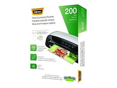 Fellowes Laminating Pouches Thermal  
Pochettes à plastifier à chaud  
Micas de enmicado en caliente  

200 Pack  
Pack de 200  
Paquete de 200  

5mil  

- Durable  
- Resistant  
- Resistente  

- Clear  
- Transparente  
- Transparent  

- Acid-free  
- Ne contient pas d'acide  
- No contiene ácido  

- Compatible with Fellowes Thermal Laminators  
- Compatible avec les laminateurs thermiques Fellowes  
- Compatible con laminadores térmicos Fellowes  

Thermal Laminating Pouches  
Pochettes à plastifier à chaud  
Micas de enmicado en caliente