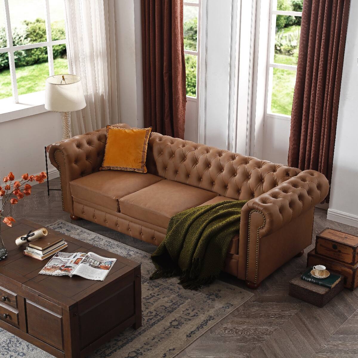 Left. Ropilly - Ropilly Brown Chesterfield Sofa Faux Leather Three Seat Living Room Couch - Brown.