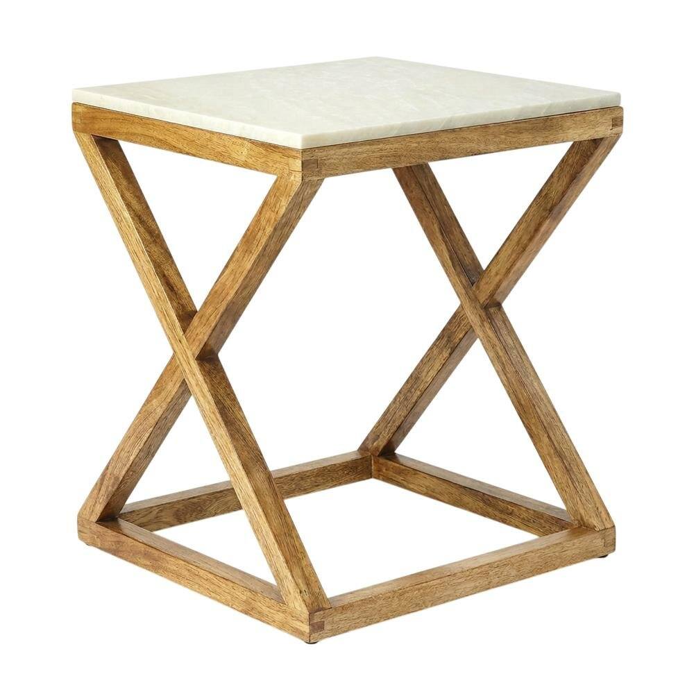 Angle. Starlight Canyon Home - Square End Table with Marble Top, Modern Accent Side Table for Living Room - Light Brown.