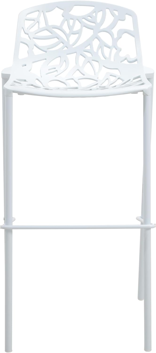 Left. LeisureMod - Devon 31" Aluminum Bar Stool - Modern Floral Cutout Indoor/Outdoor Patio Stool with Footrest - White.