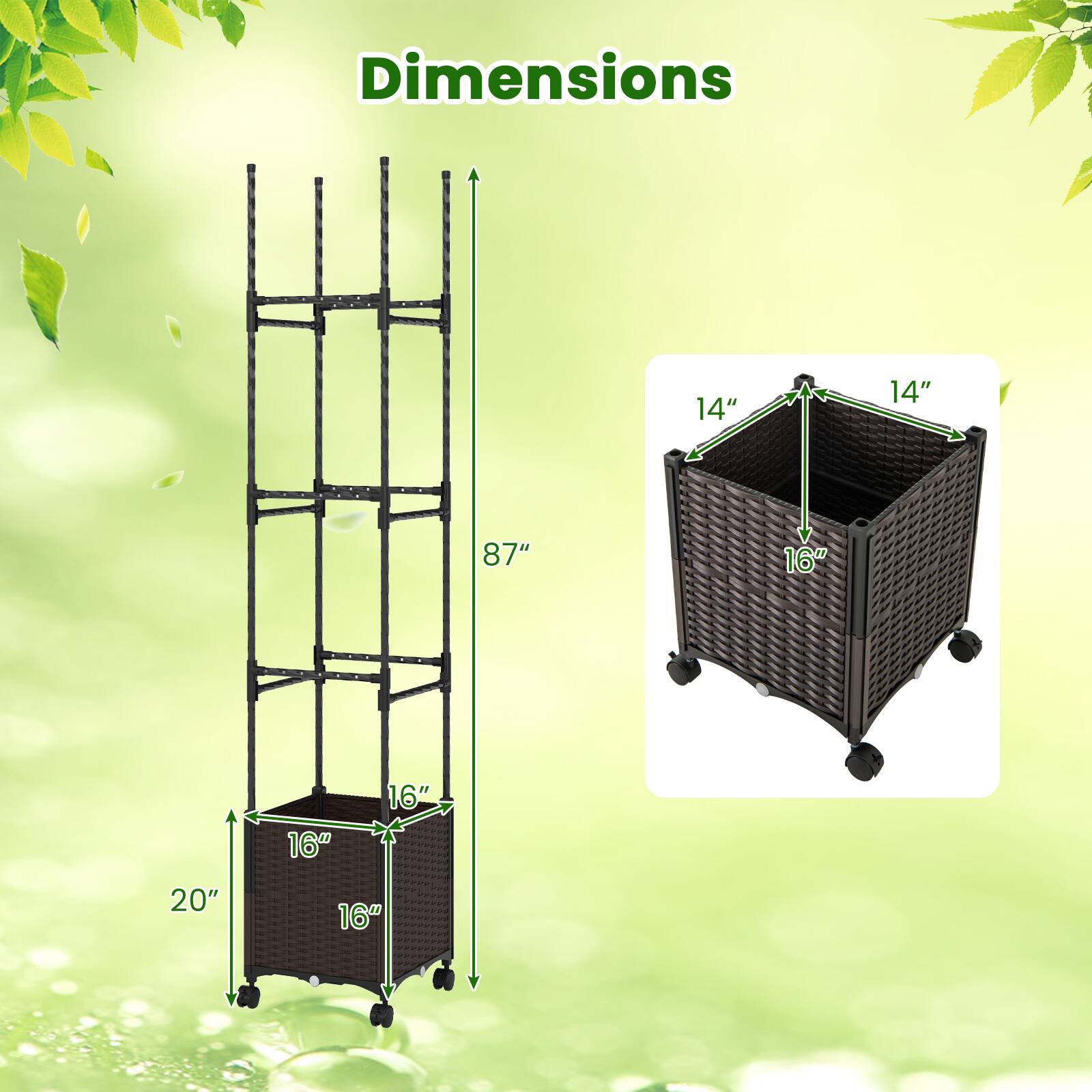 Dimensions:  
- Height: 87"  
- Width: 14"  
- Depth: 14"  
- Bottom Basket: 16" x 16"  
- Overall Width: 20"
