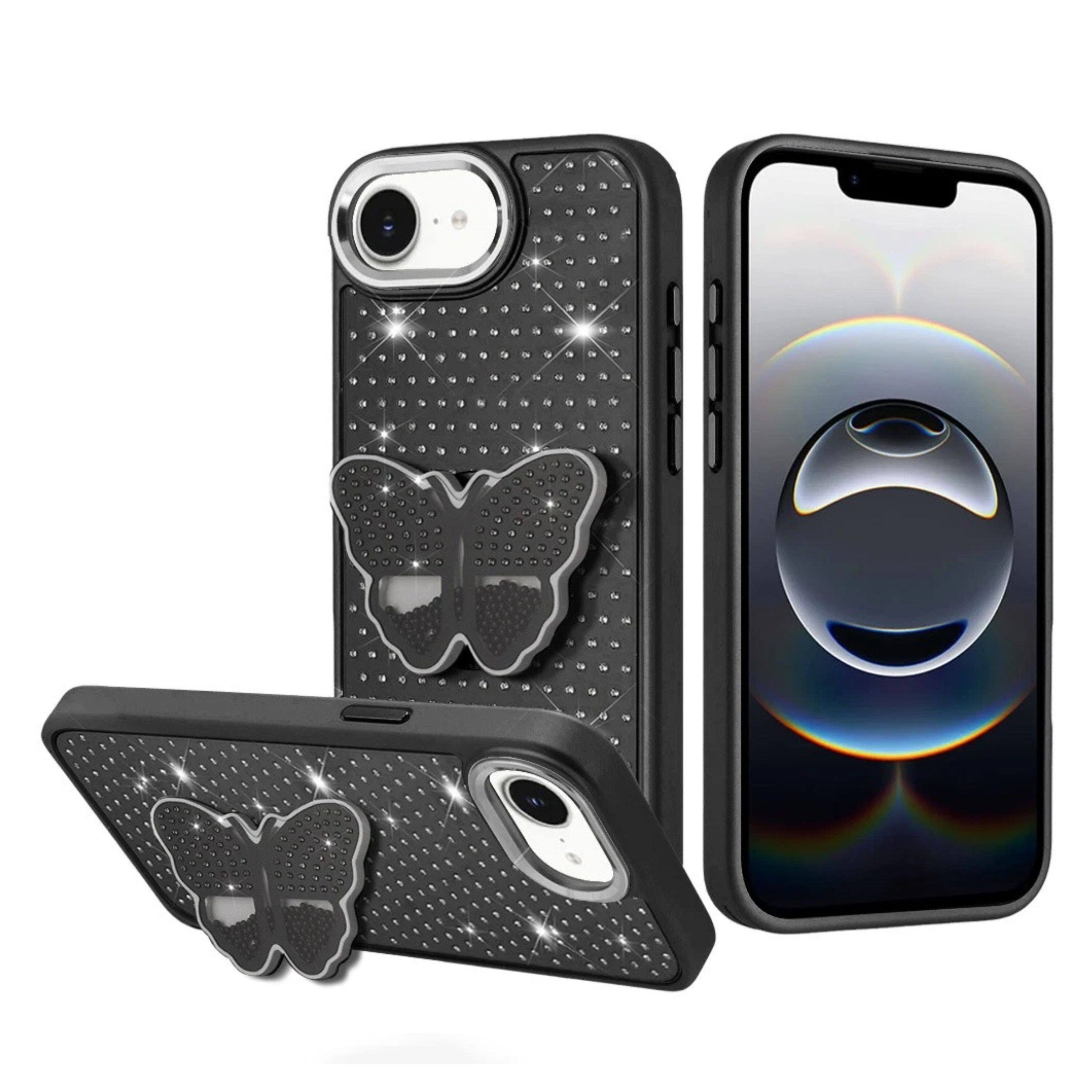 Angle. Kitcheniva - Butterfly Grip Stand Faux Crystals Phone Case With Tempered Glass For iPhone 16e/17e Black - Black.