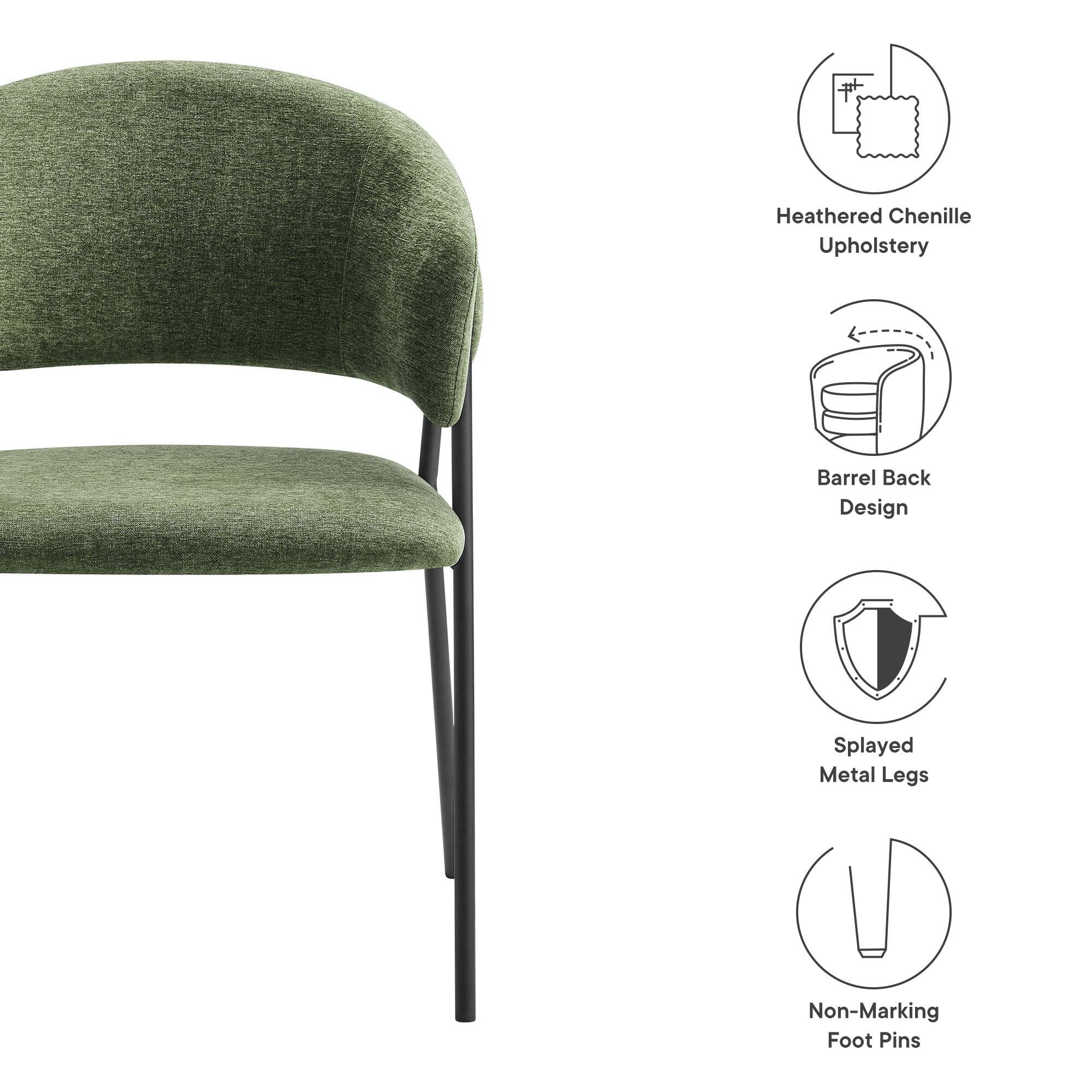 - Heathered Chenille Upholstery
- Barrel Back Design
- Splayed Metal Legs
- Non-Marking Foot Pins