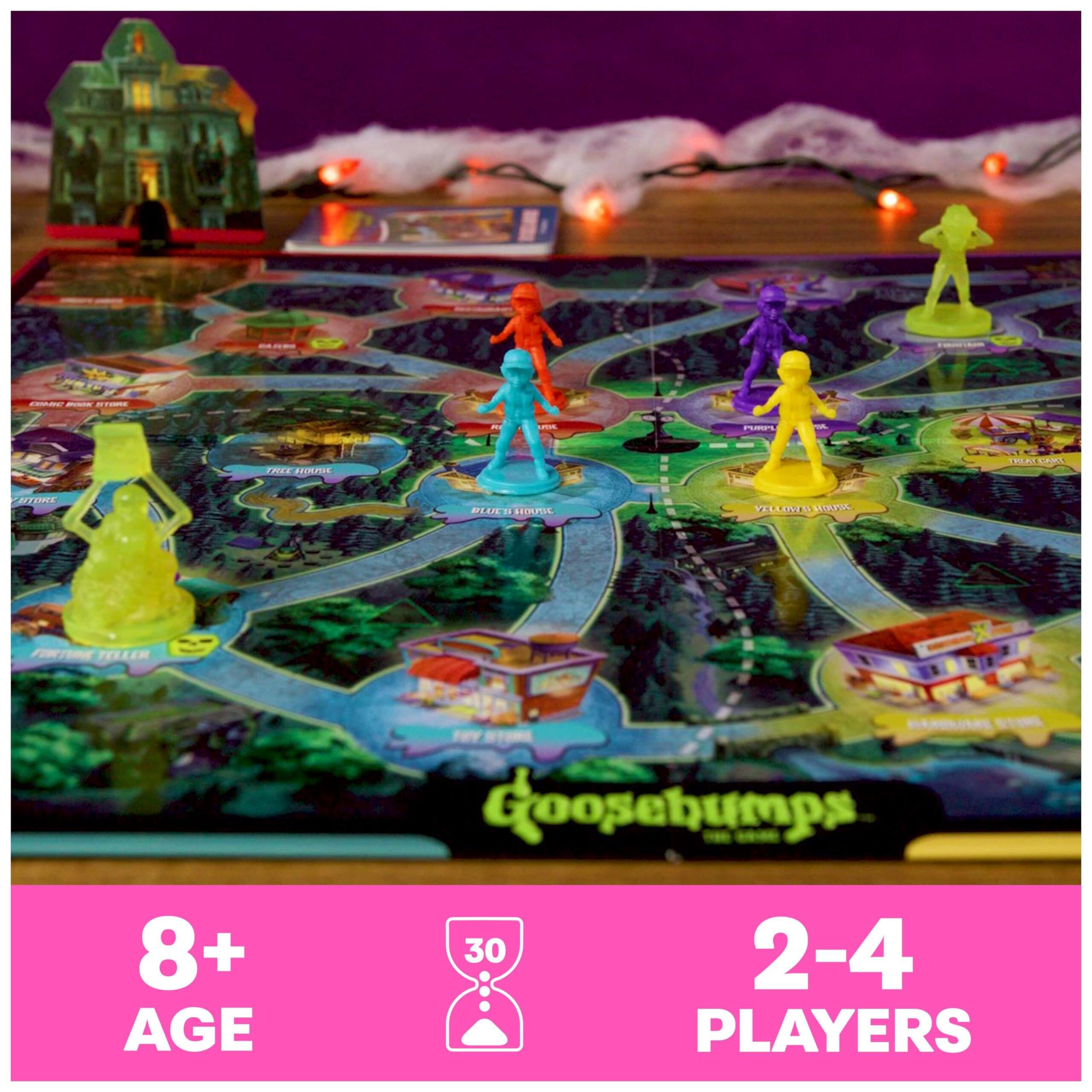 COMIC
ATTACK
R
UTIA
PURPLE
oz.
FREE ROUSE
TWEAK CARA
STORE
BLUES HOUSE
YELLOWS HOUSE
TELLER
8+ AGE
Goosebumps 30 2-4 PLAYERS