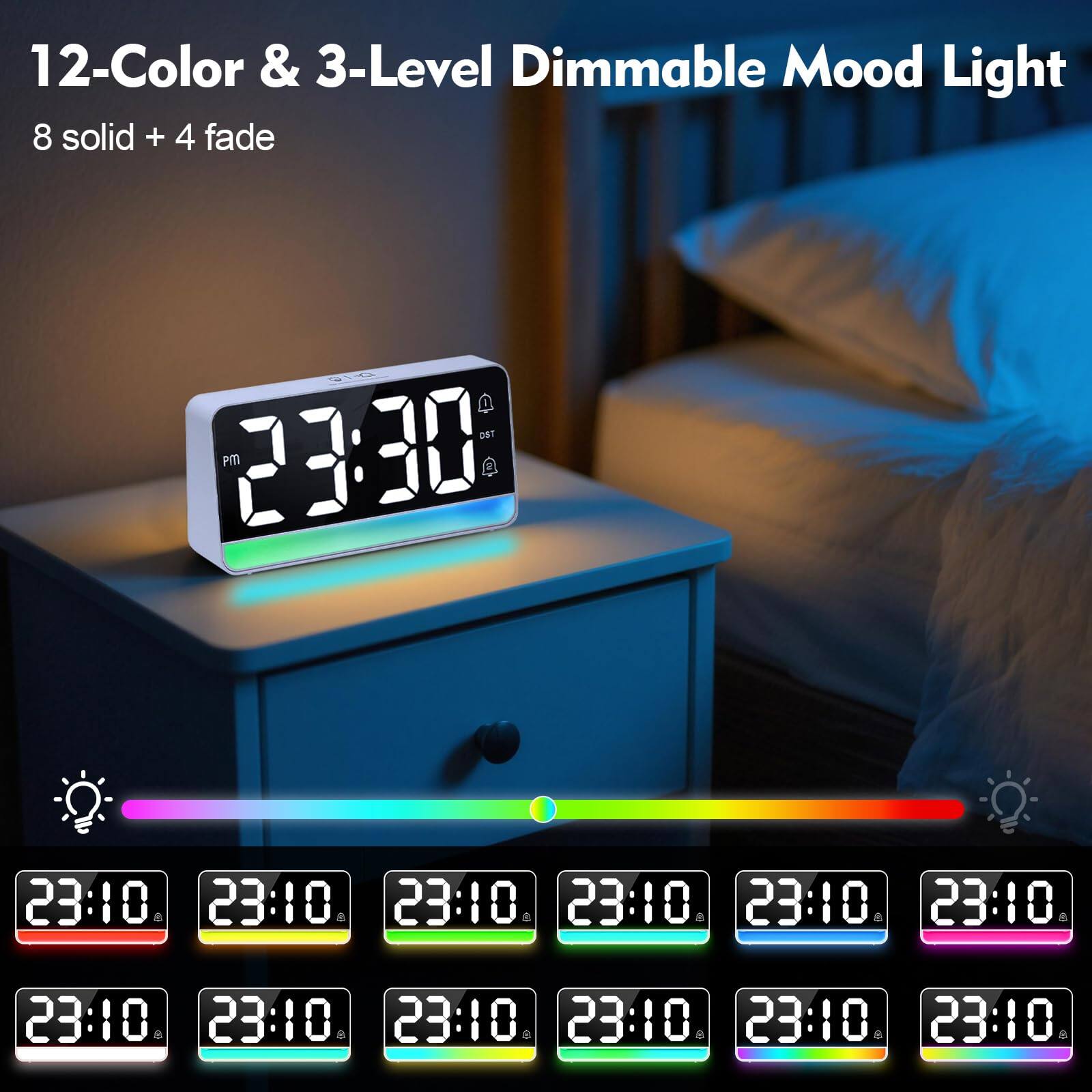 12-Color & 3-Level Dimmable Mood Light  
8 solid + 4 fade  

23:30 PM  
23:10  
23:10  
23:10  
23:10  
23:10  
23:10  
23:10  
23:10  
23:10  
23:10  
23:10