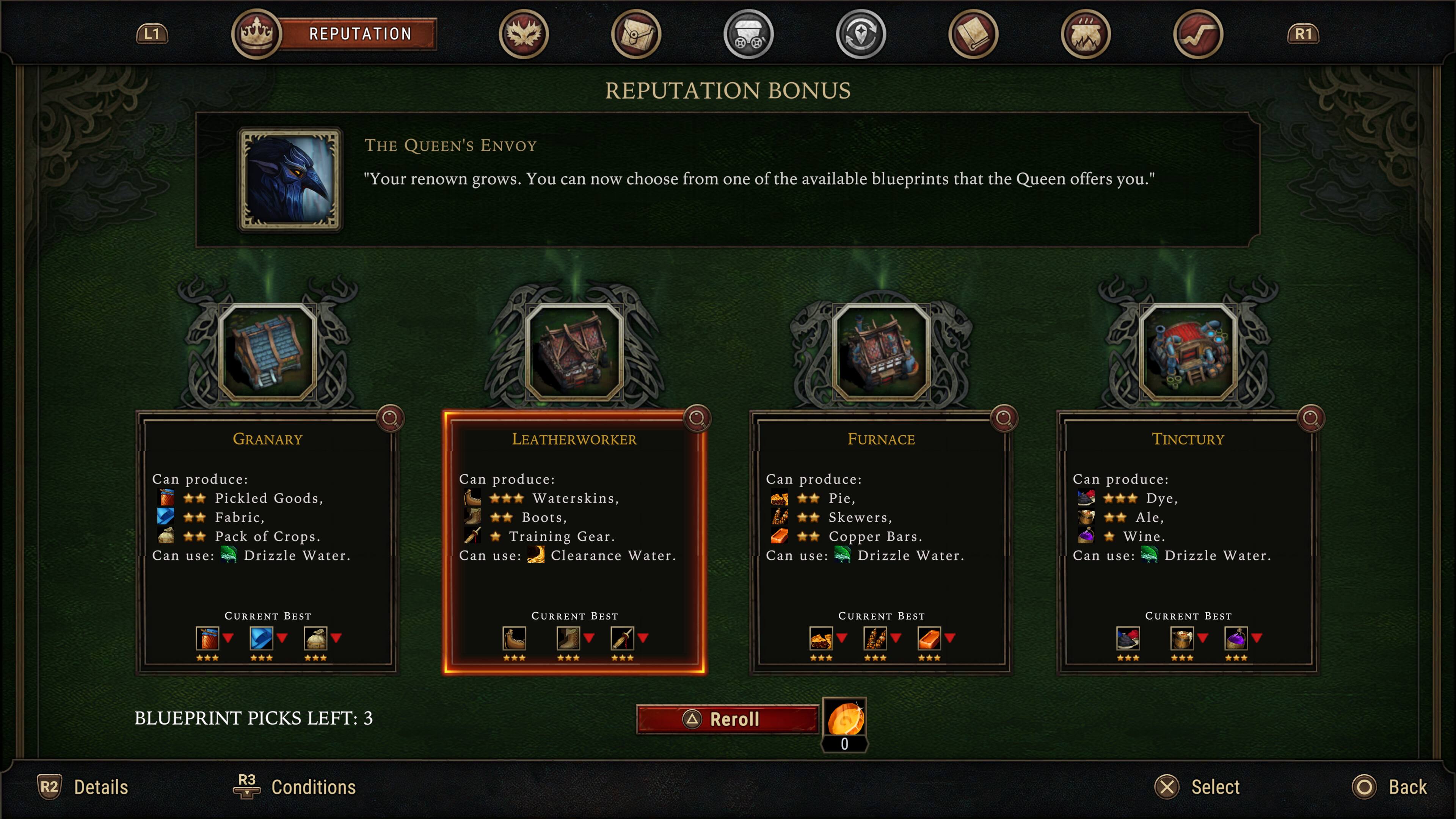 The text on the image can be grouped and corrected as follows:

1. Reputation:
   - L1: "Your renown grows. You can now choose from one of the available blueprints that the Queen offers you."
   - R1: "Your renown grows. You can now choose from one of the available blueprints that the Queen offers you."
   - R2: "Your renown grows. You can now choose from one of the available blueprints that the Queen offers you."
   - R3: "Your renown grows. You can now choose from one of the available blueprints that the Queen offers you."
2. Blueprint Picks:
   - Left: 3
   - Reroll: 0
   - R2: Details
   - R3: Conditions
   - X: Select
   - Back: Back