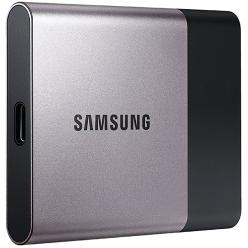 Left View: Samsung - Portable SSD T3 1TB External USB 3.1 Gen1 Portable Hard Drive - Black/Silver