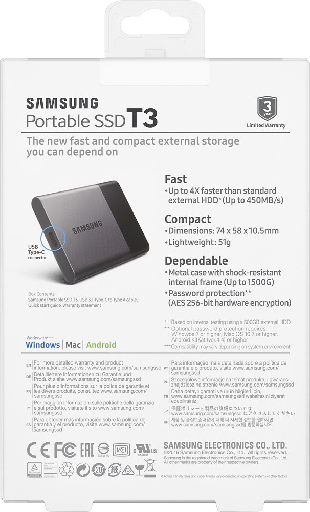 Best Buy: Samsung SSD T3 500GB External USB 3.1 Gen1 Portable Hard Drive Black/Silver MU-PT500B