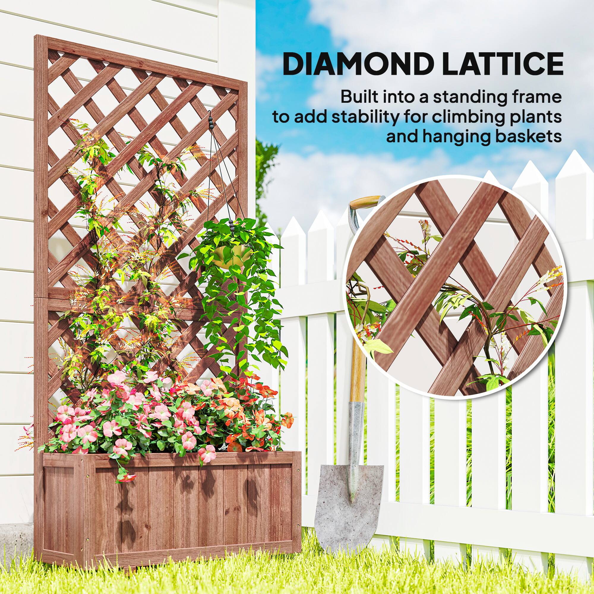 DIAMOND LATTICE  
Built into a standing frame to add stability for climbing plants and hanging baskets