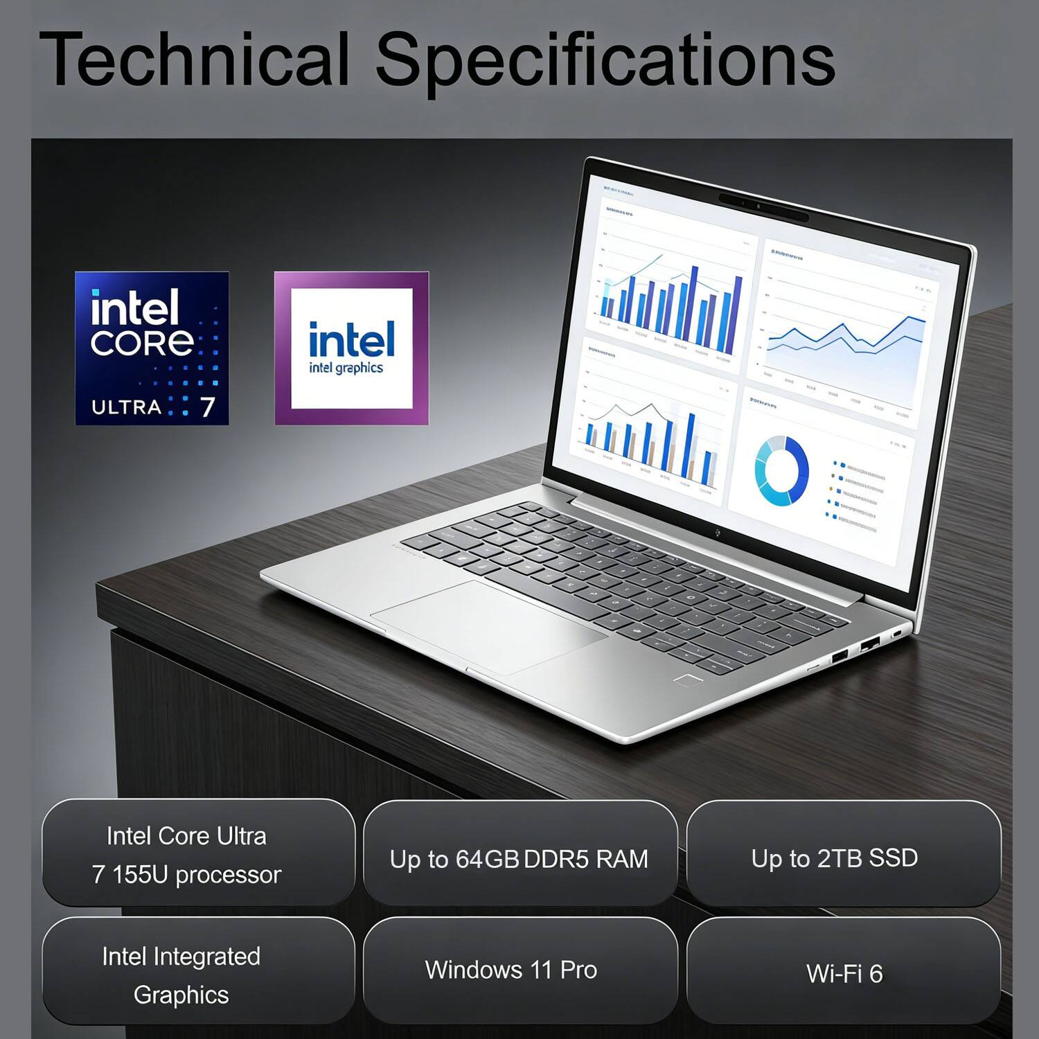 Technical Specifications

- Intel Core Ultra 7 155U processor
- Up to 64GB DDR5 RAM
- Up to 2TB SSD
- Intel Integrated Graphics
- Windows 11 Pro
- Wi-Fi 6