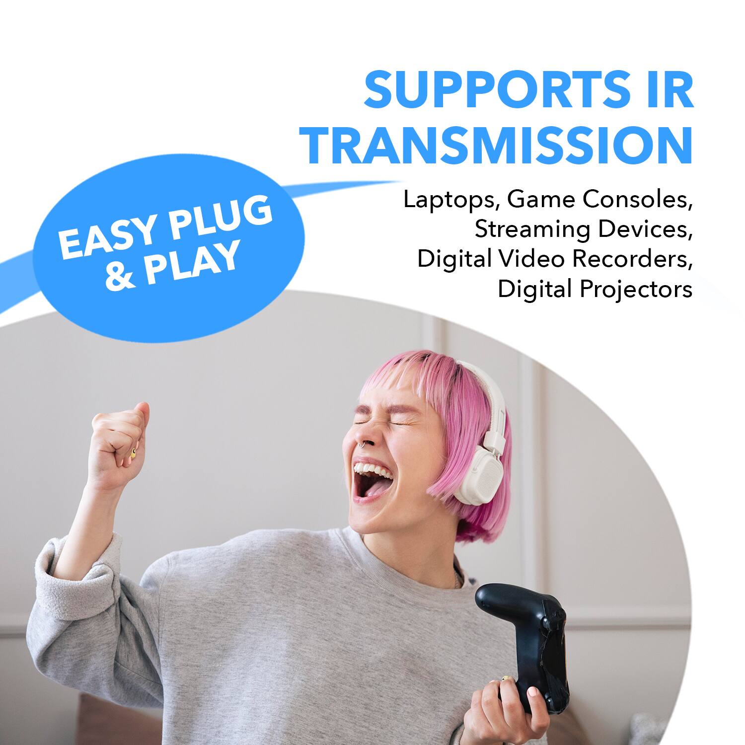 SUPPORTS IR TRANSMISSION Laptops, Game Consoles, Streaming Devices, Digital Video Recorders, Digital Projectors

EASY PLUG & PLAY