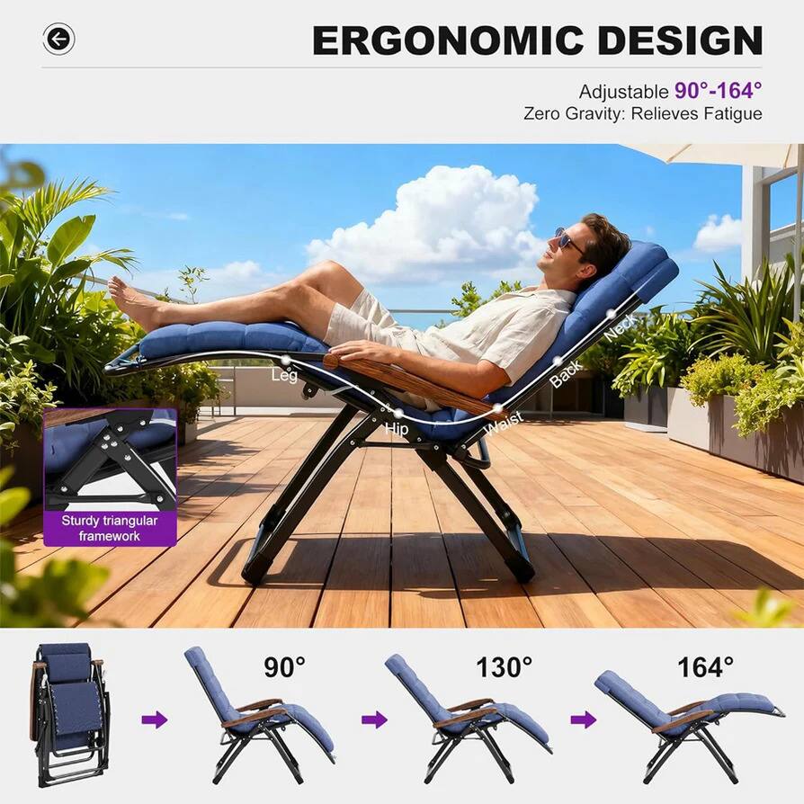 ERGONOMIC DESIGN  
Adjustable 90°-164°  
Zero Gravity: Relieves Fatigue  
Leg, Hip, Neck, Back, Waist  
Sturdy triangular framework  
90°, 130°, 164°