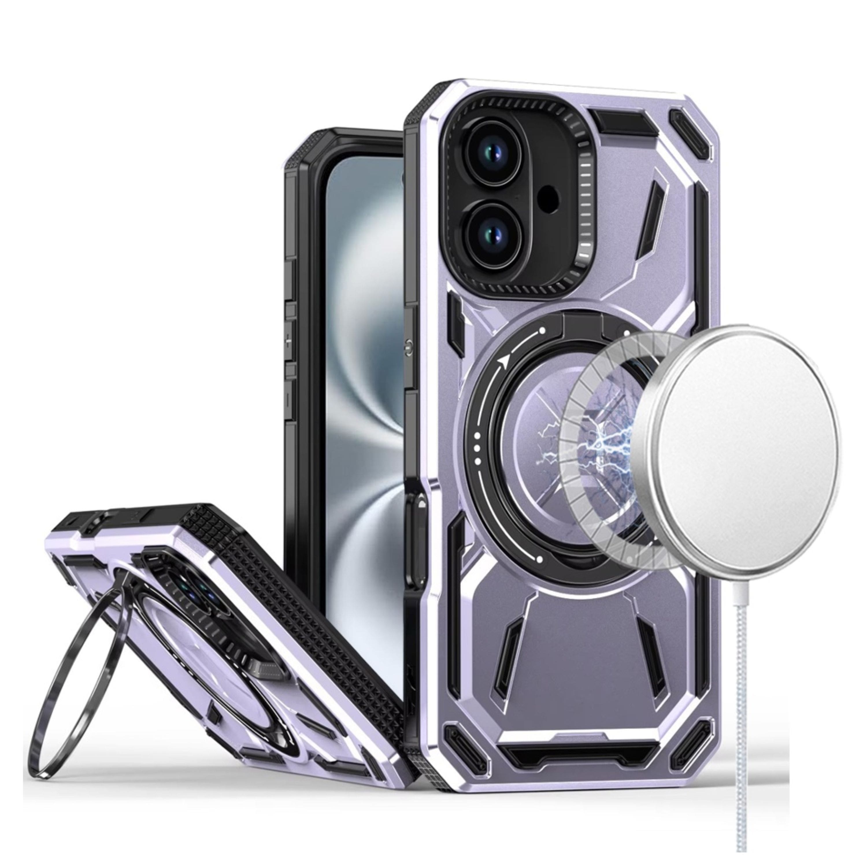 Kitcheniva - Shockproof Magnet Circle Metal Stand Phone Case With Tempered Glass For iPhone 16 - Light Purple