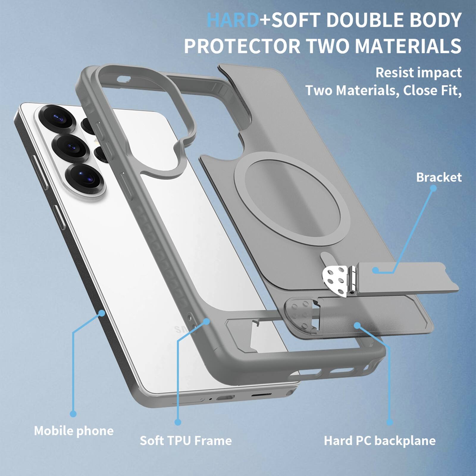 HARD+SOFT DOUBLE BODY PROTECTOR TWO MATERIALS  
Resist impact  
Two Materials, Close Fit,  
Bracket  
Mobile phone  
Soft TPU Frame  
Hard PC backplane