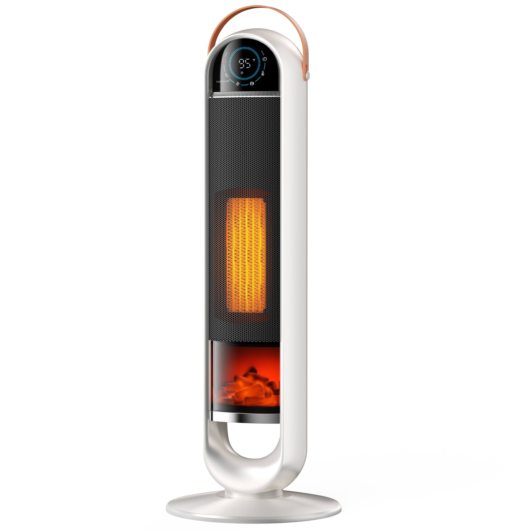 Front. Sweetcrispy - Ceramic Tower Space Heater for Indoor Use, 60° Oscillation, 3 Heating Modes, 50-95°F Thermostat, Flame Effect - Silver.