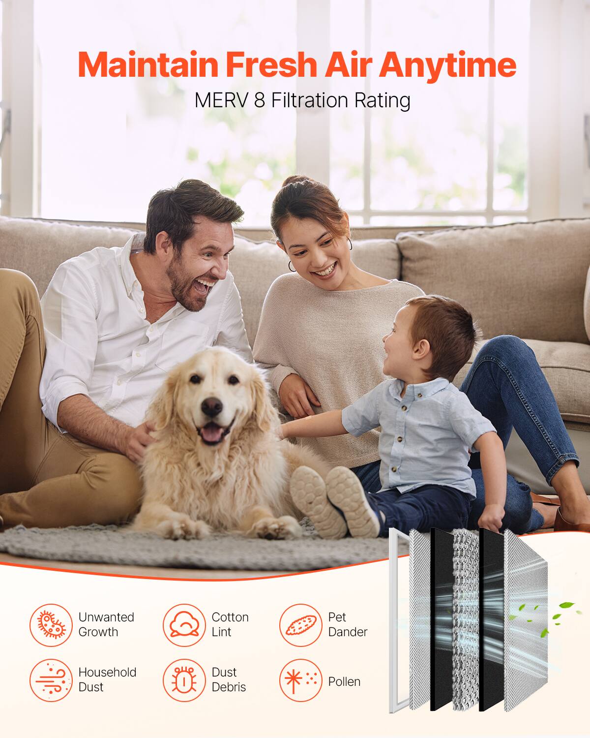 Maintain Fresh Air Anytime  
MERV 8 Filtration Rating  

- Unwanted Growth  
- Cotton Lint  
- Pet Dander  
- Household Dust  
- Dust Debris  
- Pollen