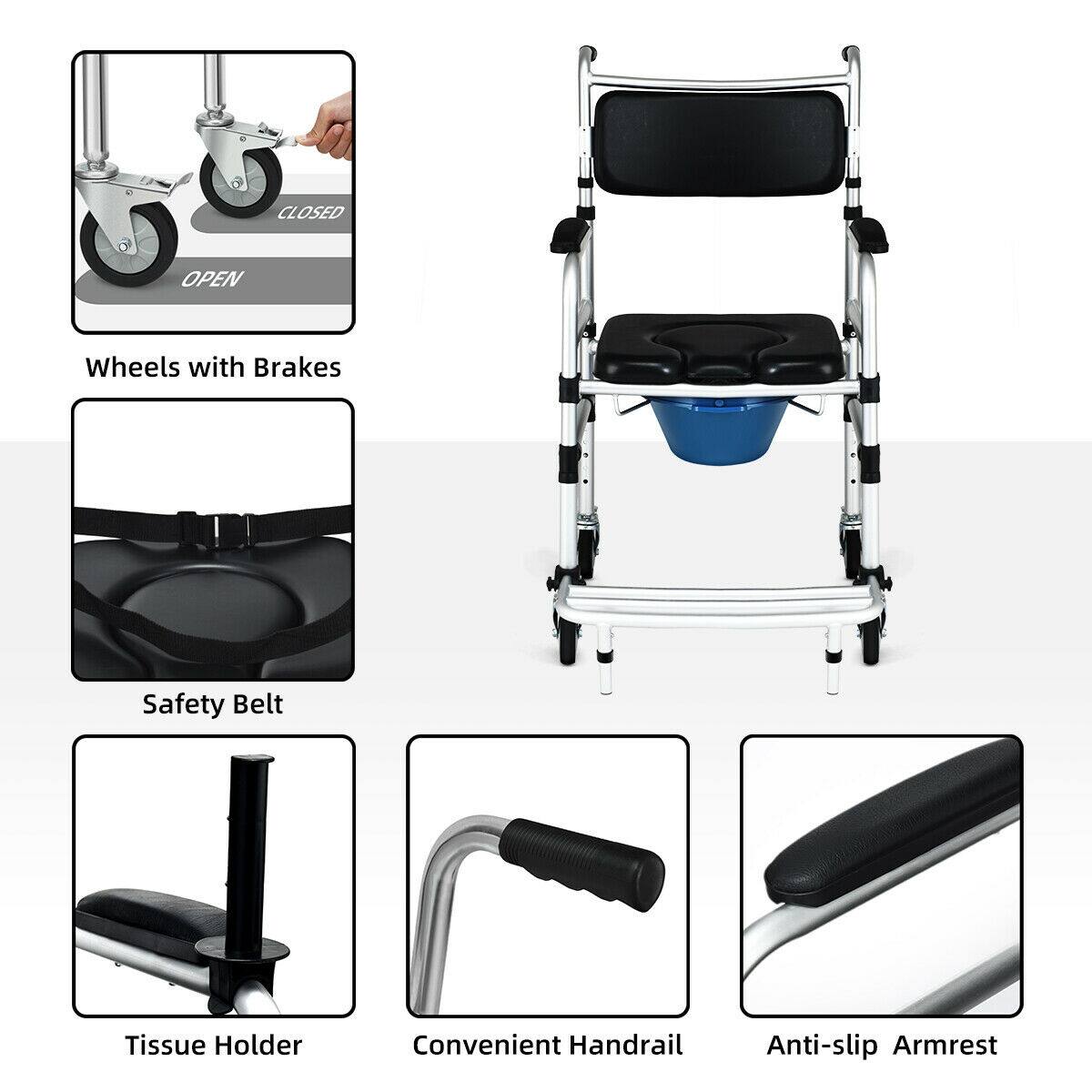 - Wheels with Brakes
- Safety Belt
- Tissue Holder
- Convenient Handrail
- Anti-slip Armrest