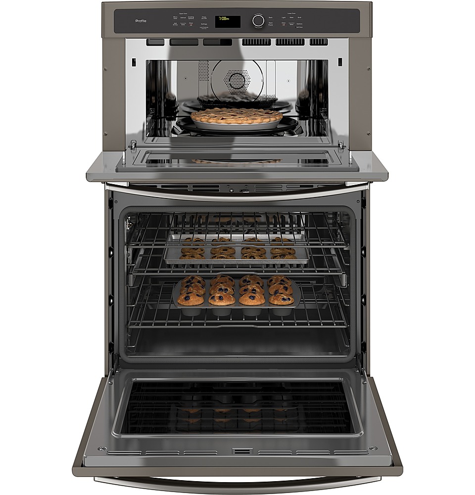 Ge profile series 30 built in wall oven microwave combo Ge Profile 30 Built In Double Electric Convection Wall Oven With Built In Microwave Slate Pt7800ekes Best Buy