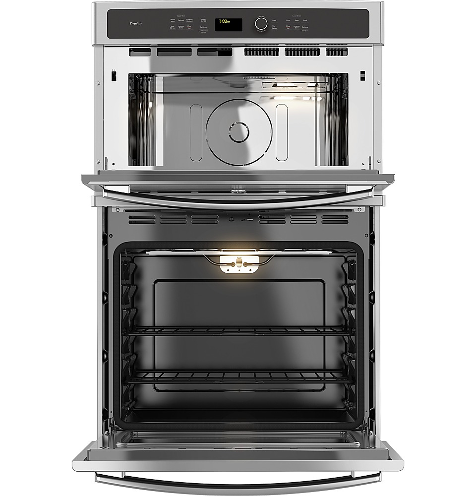 Angle View: GE Profile - 30" Built-In Single Electric Convection Wall Oven with Built-In Microwave - Black on black