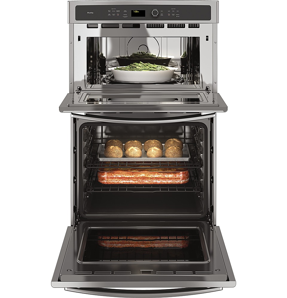 Left View: GE Profile - 30" Built-In Single Electric Convection Wall Oven with Built-In Microwave - Black on black