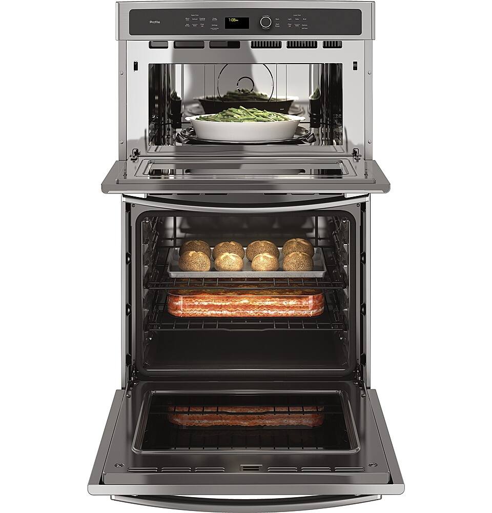 Left. GE Profile - 27" Built-In Double Electric Convection Wall Oven with Built-In Microwave - Stainless Steel.