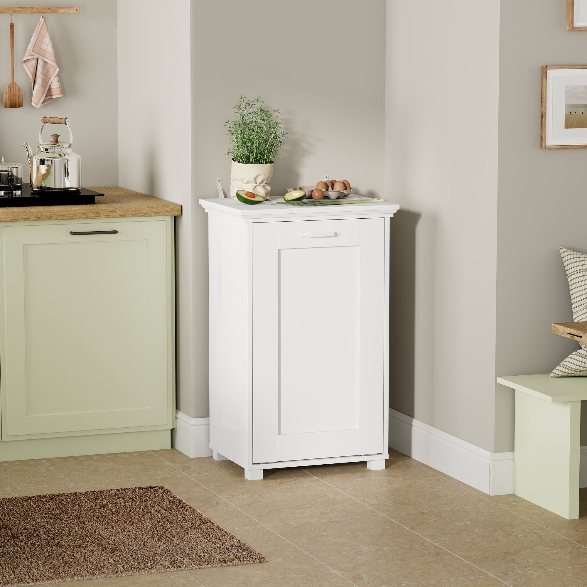 Back. Famapy - 10 Gallon Tilt-Out Kitchen Trash Cabinet with Ozone Odor Control, Hidden Garbage Bin Storage, Wooden Deodorizing Cabinet - White.