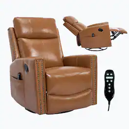 LUCKY ONE - Genuine Leather Manual Recliner Chair with 360° Swivel, Rocker, Heat Massage - Light Yellow